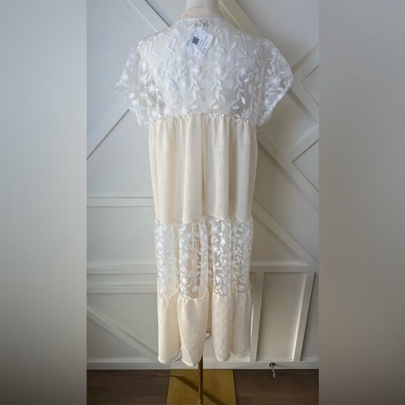 NWT Pol Bohemian Retro Lace Sheer Panel Embroidered Short Sleeve Dress White Med - Picture 7 of 12